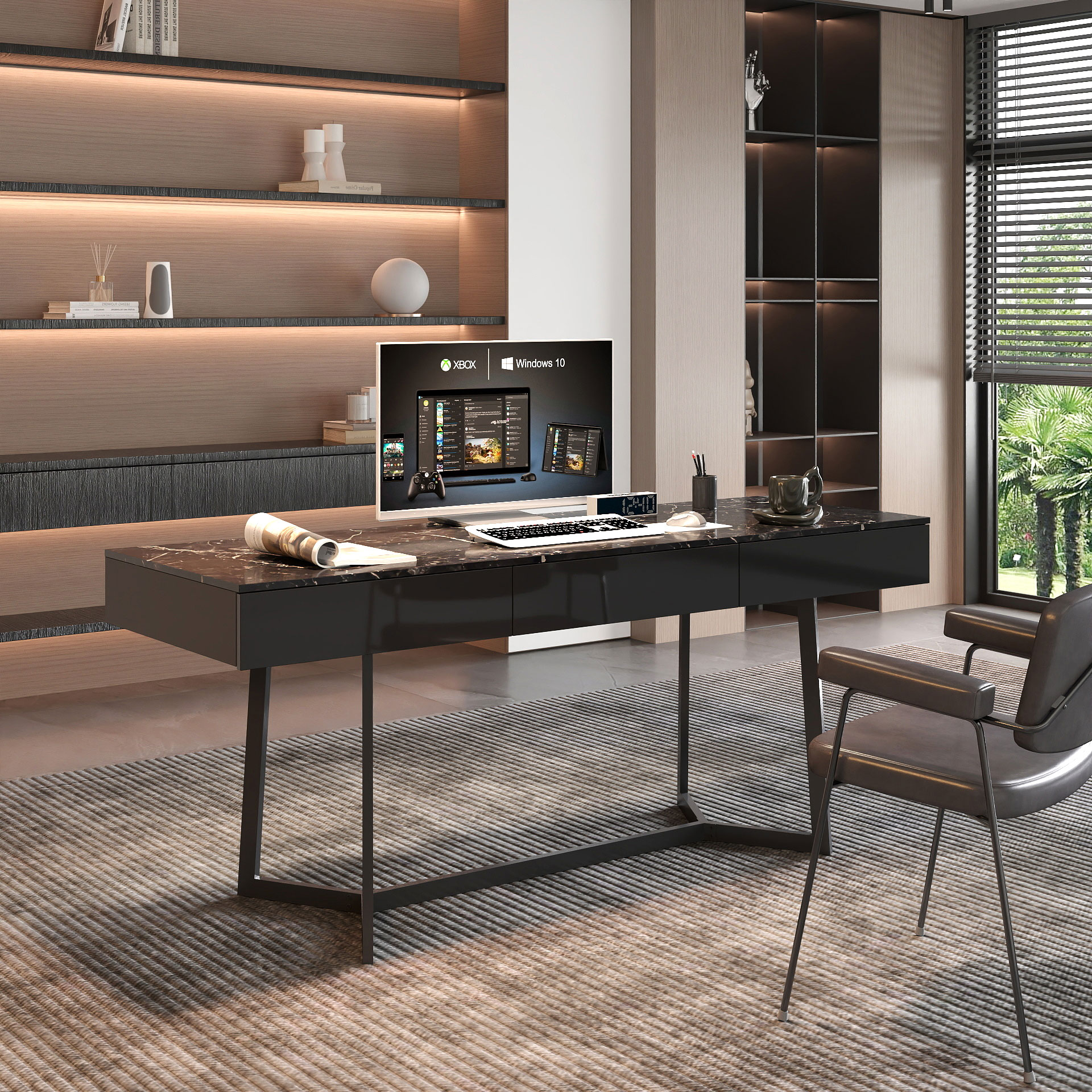 Modern Executive Computer Desk w/ 3 Drawers, Metal Legs & Black Marble Finish