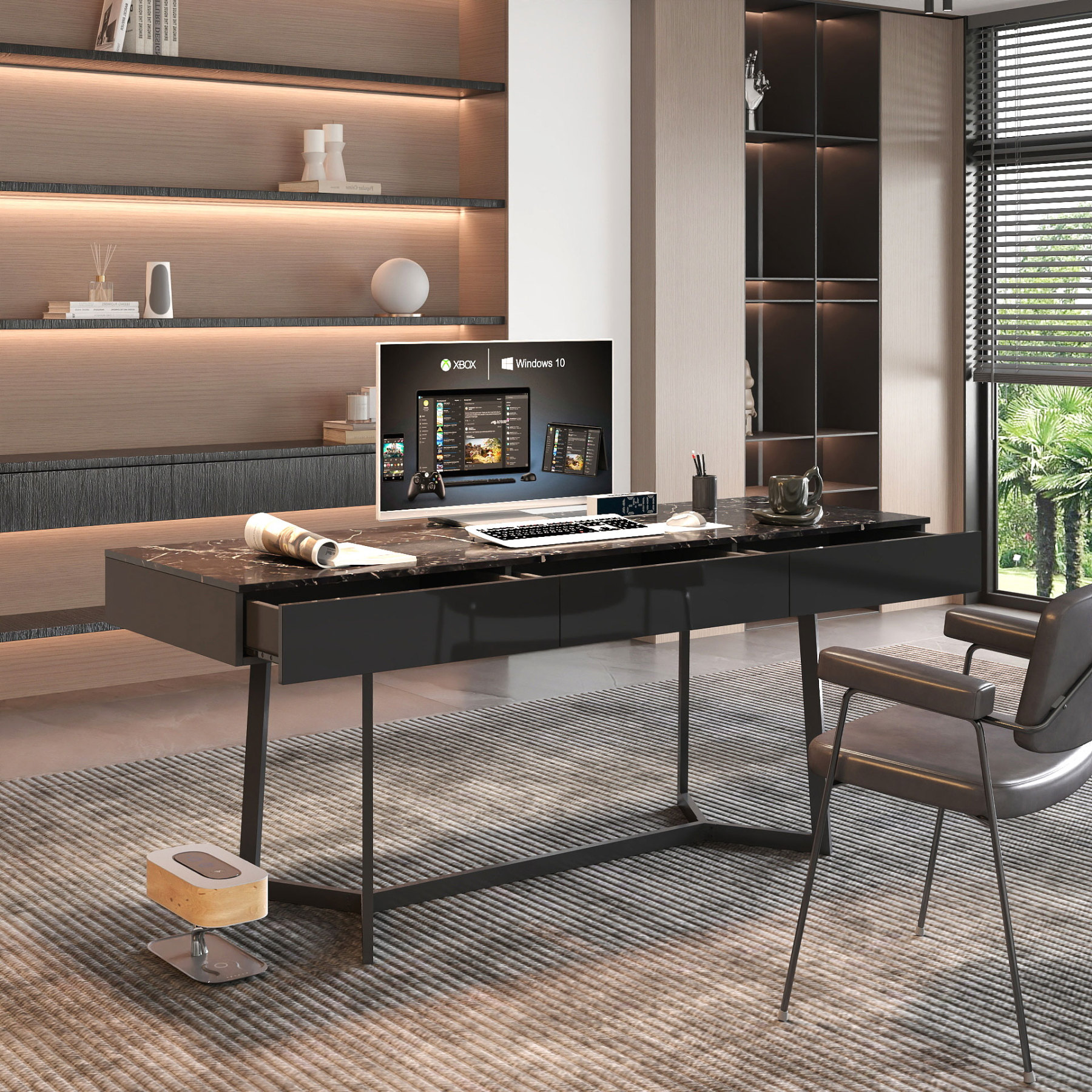 Modern Executive Computer Desk w/ 3 Drawers, Metal Legs & Black Marble Finish
