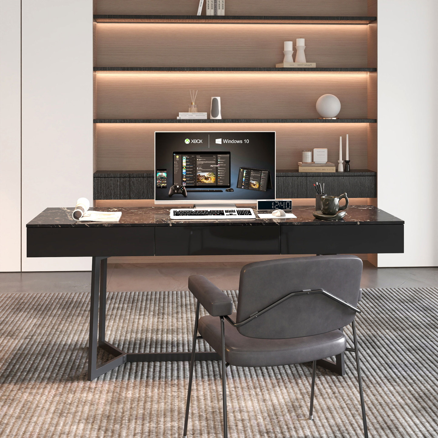 Modern Executive Computer Desk w/ 3 Drawers, Metal Legs & Black Marble Finish