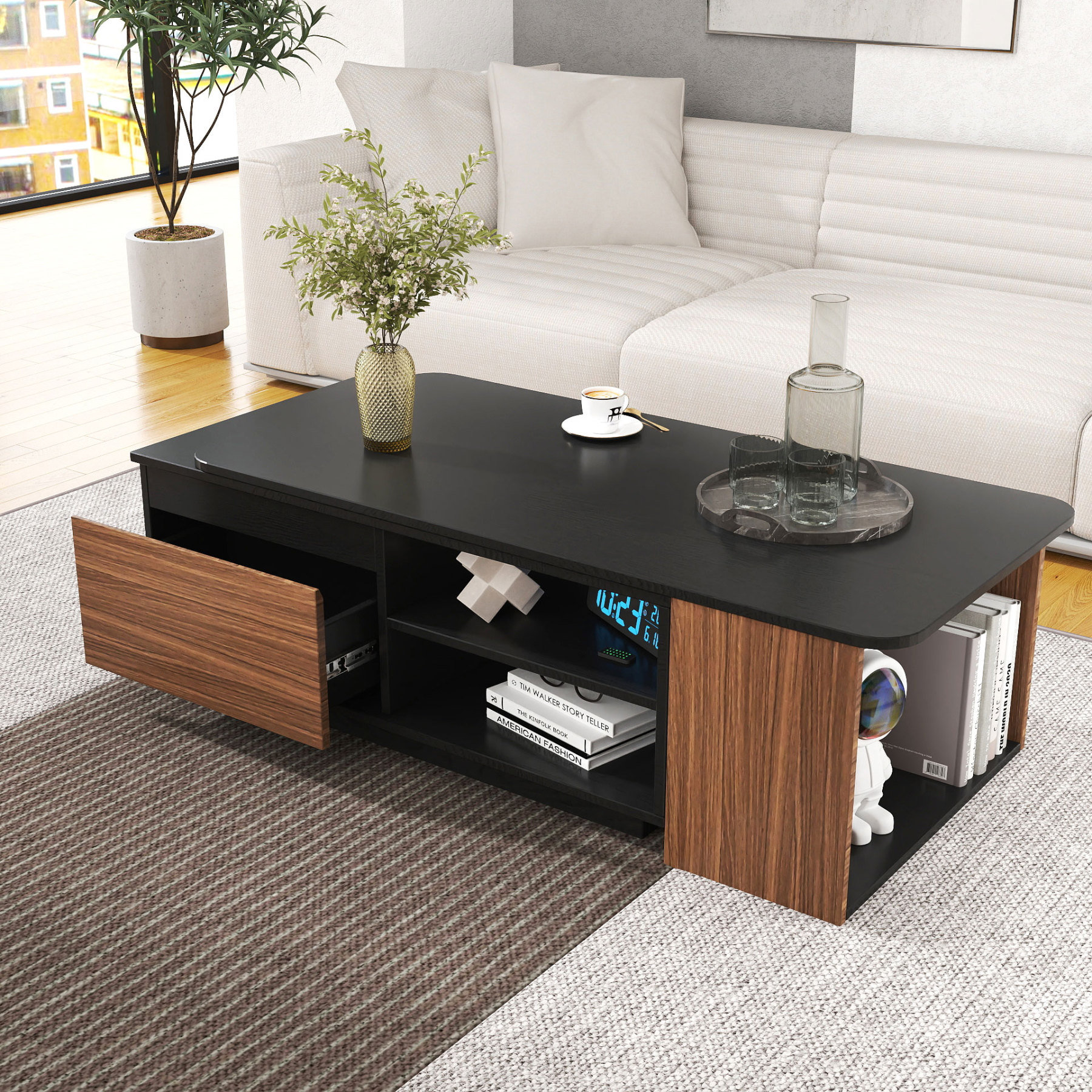 Modern Expandable Coffee Table with Storage Drawers & Open Shelves