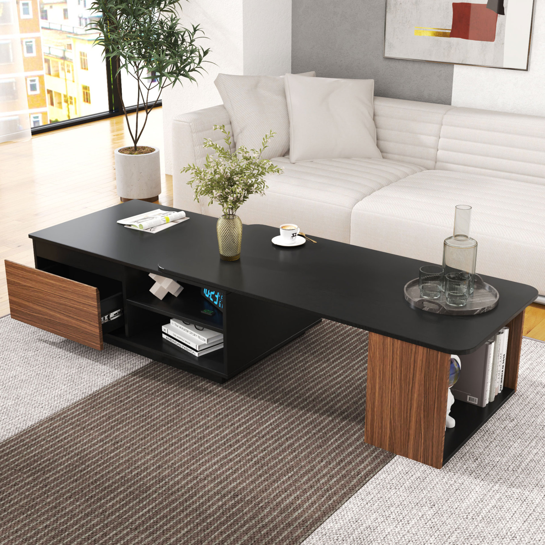 Modern Expandable Coffee Table with Storage Drawers & Open Shelves