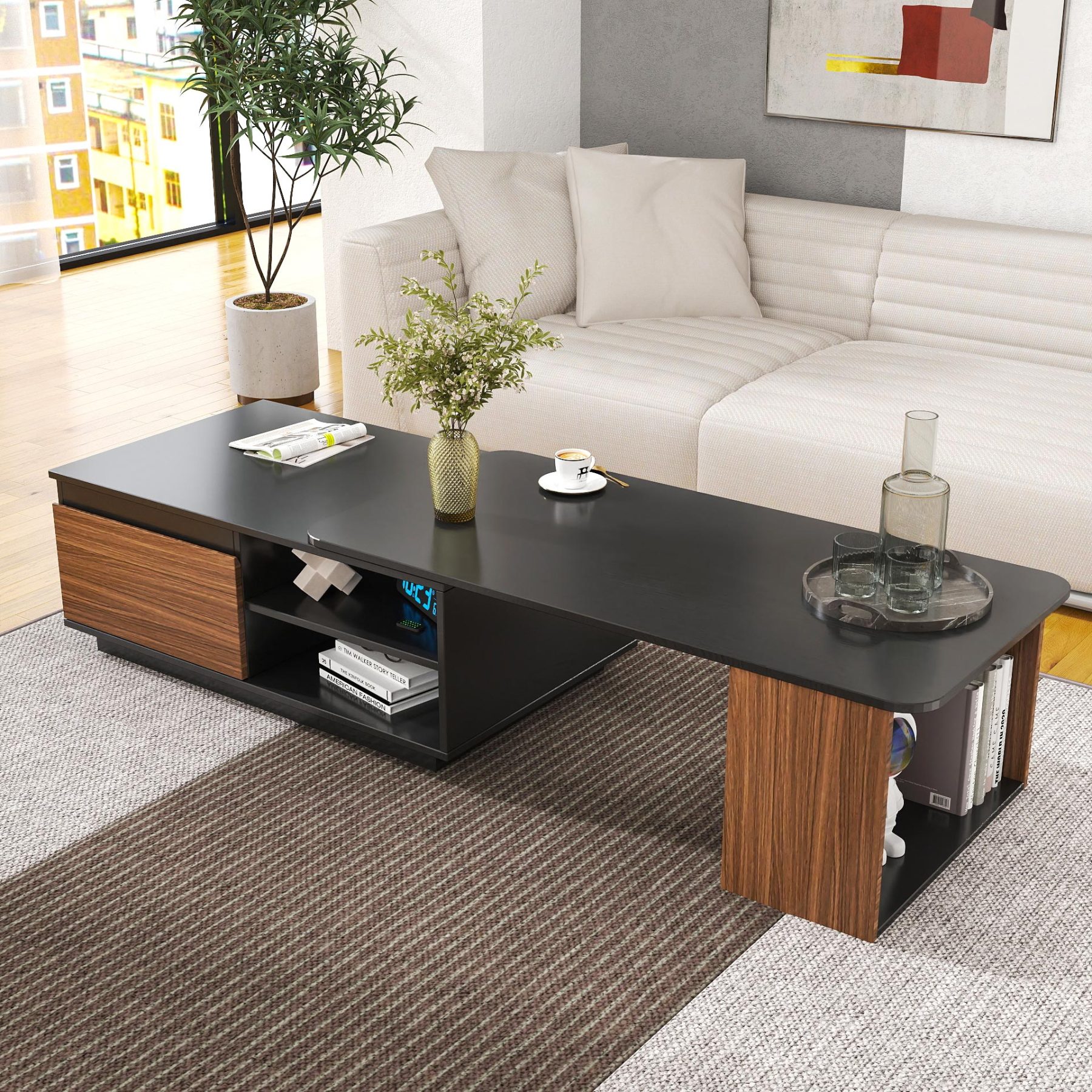 Modern Expandable Coffee Table with Storage Drawers & Open Shelves
