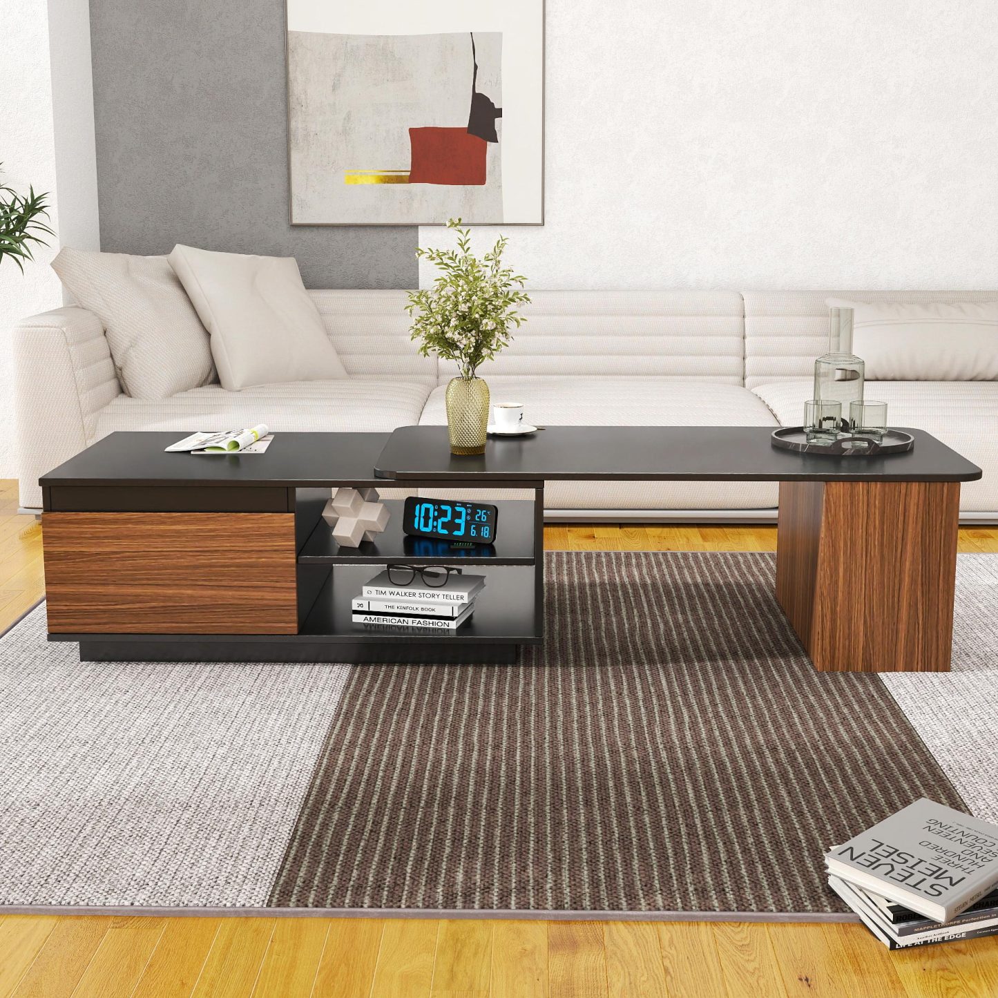 Modern Expandable Coffee Table with Storage Drawers & Open Shelves