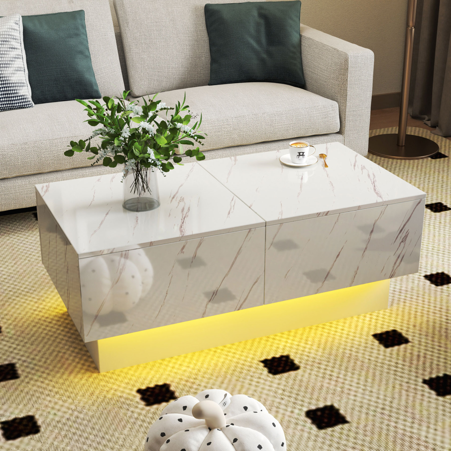 Modern Extendable Coffee Table w/ Hidden Storage & LED Base, White