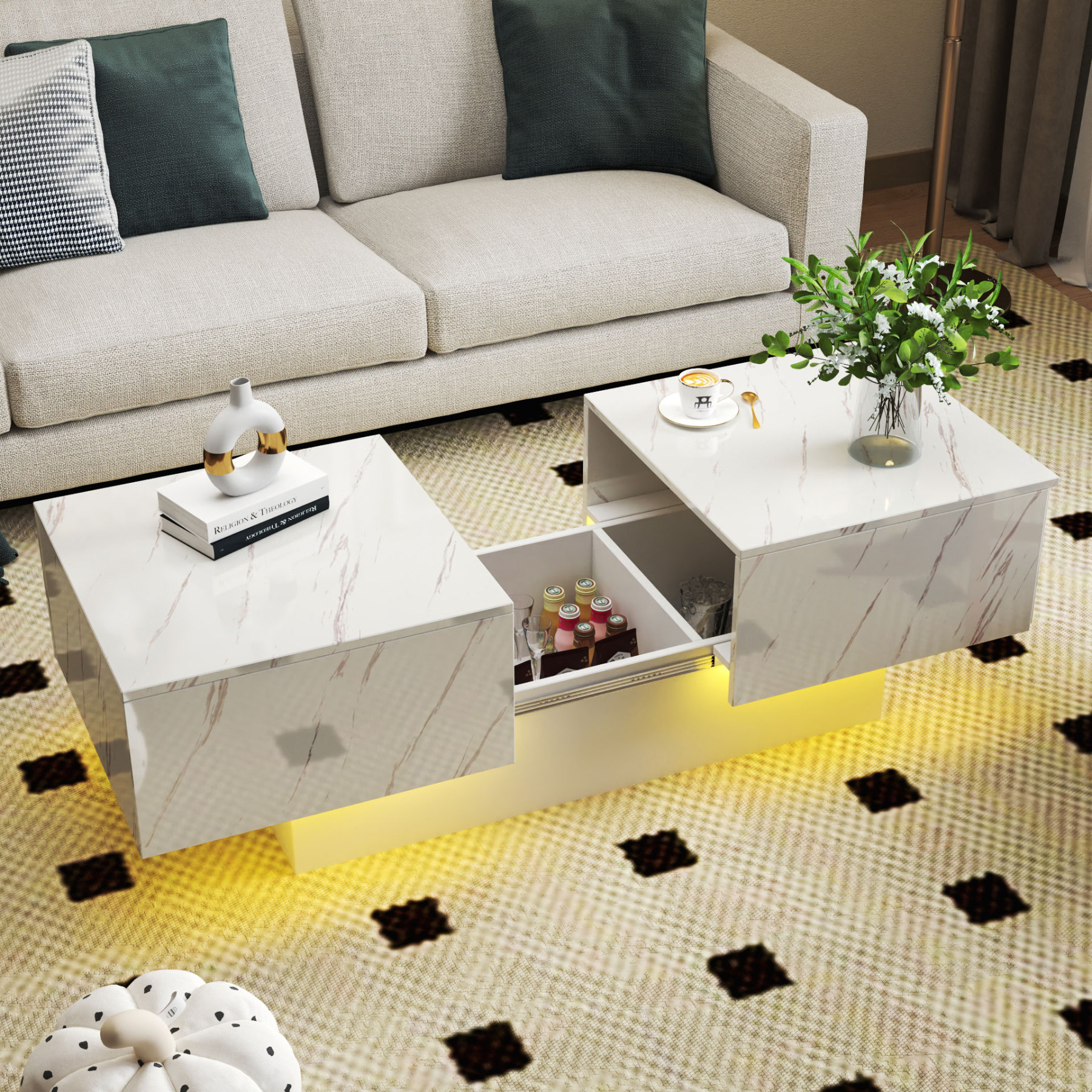 Modern Extendable Coffee Table w/ Hidden Storage & LED Base, White