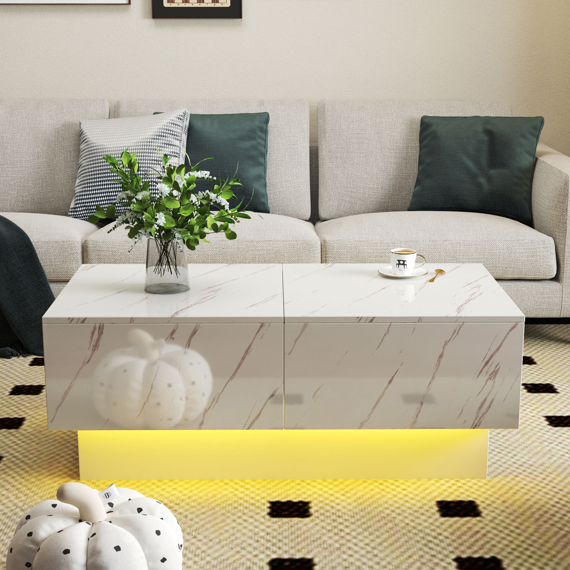 Modern Extendable Coffee Table w/ Hidden Storage & LED Base, White