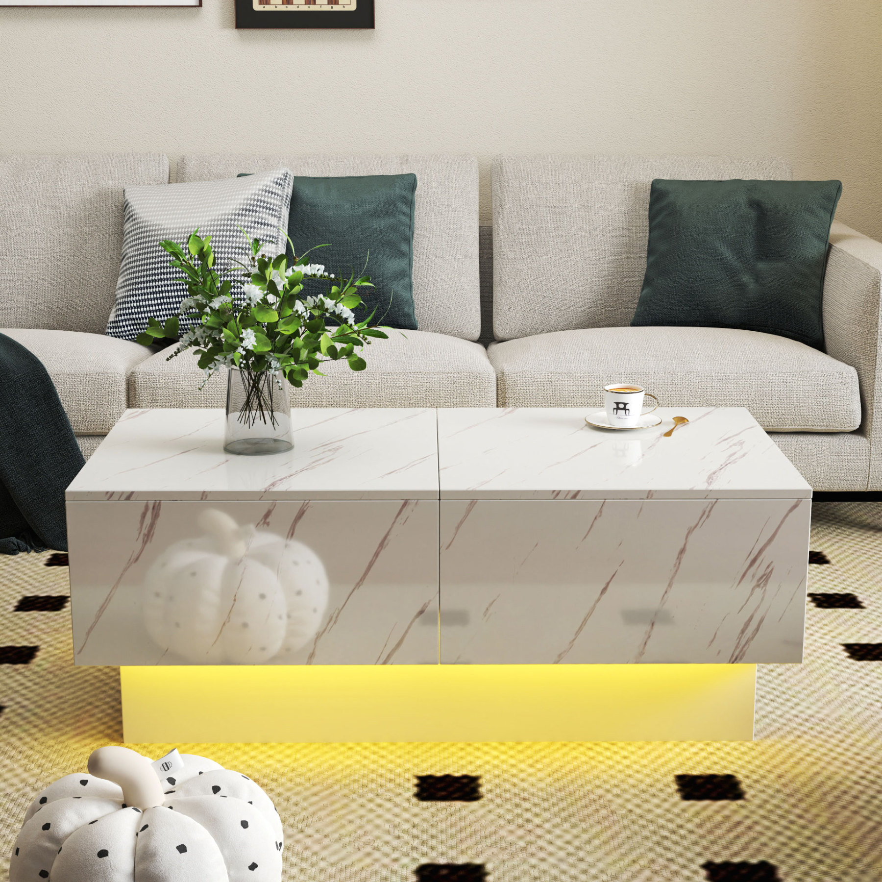 Modern Extendable Coffee Table w/ Hidden Storage & LED Base, White
