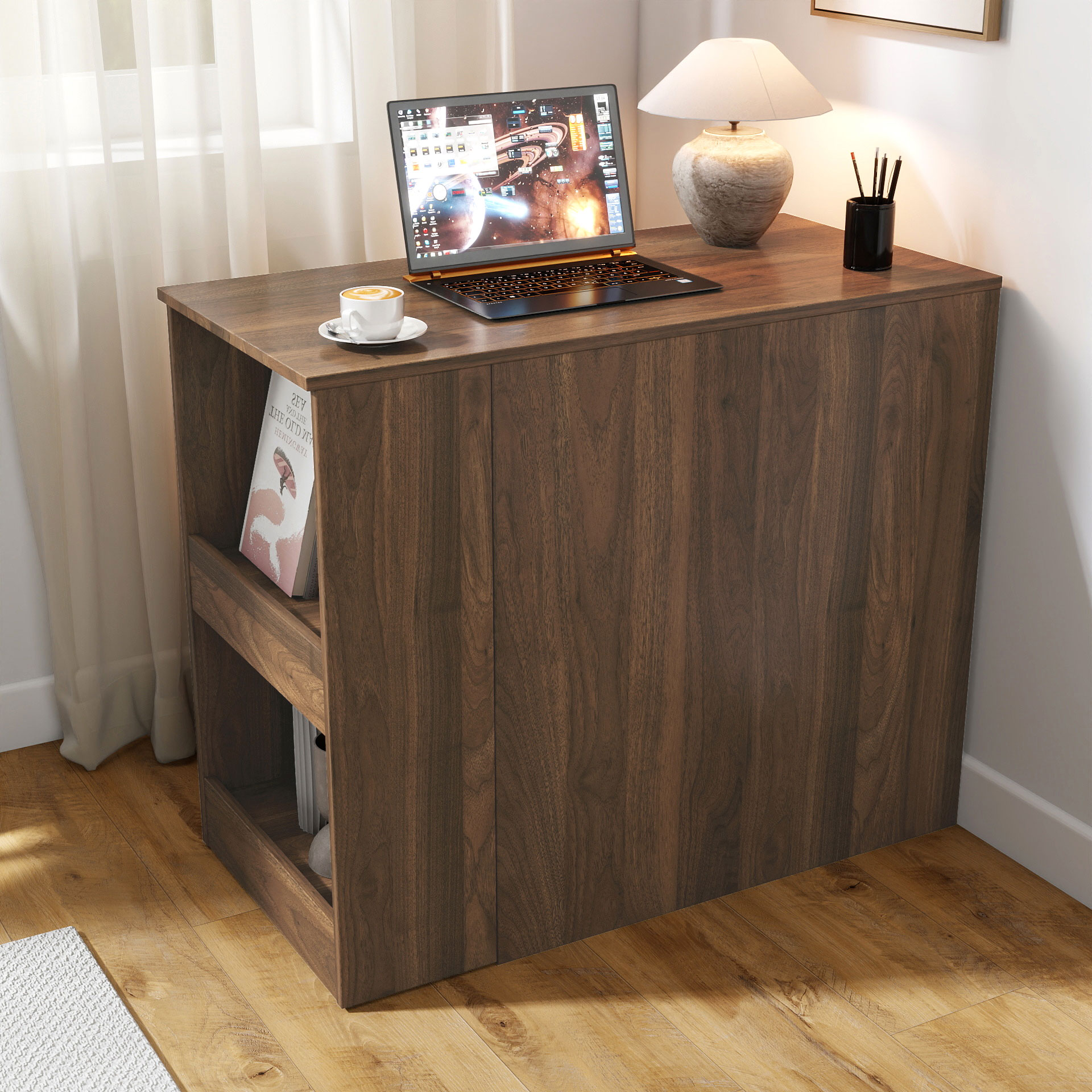 Modern Extendable Computer Desk w/ Drawers & Storage Shelves, Walnut
