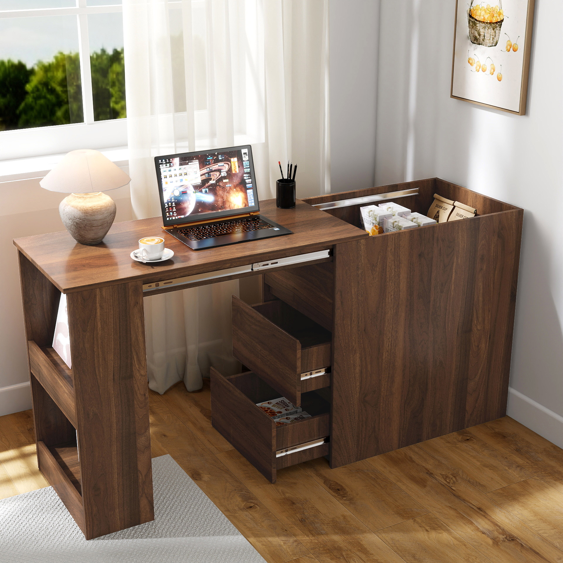 Modern Extendable Computer Desk w/ Drawers & Storage Shelves, Walnut
