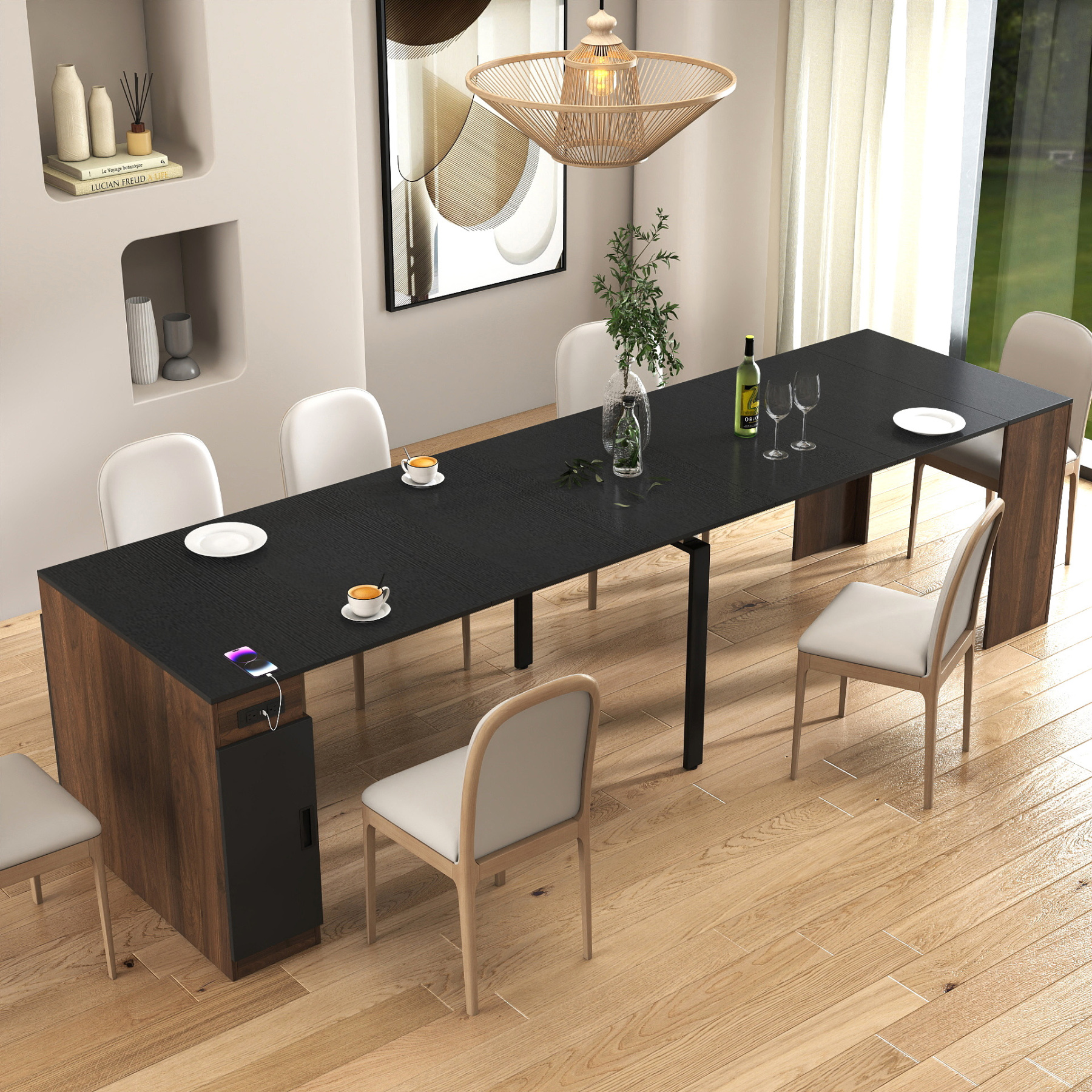 Modern Extendable Dining Table w/ Built-In Outlet & Storage for 2-12 People