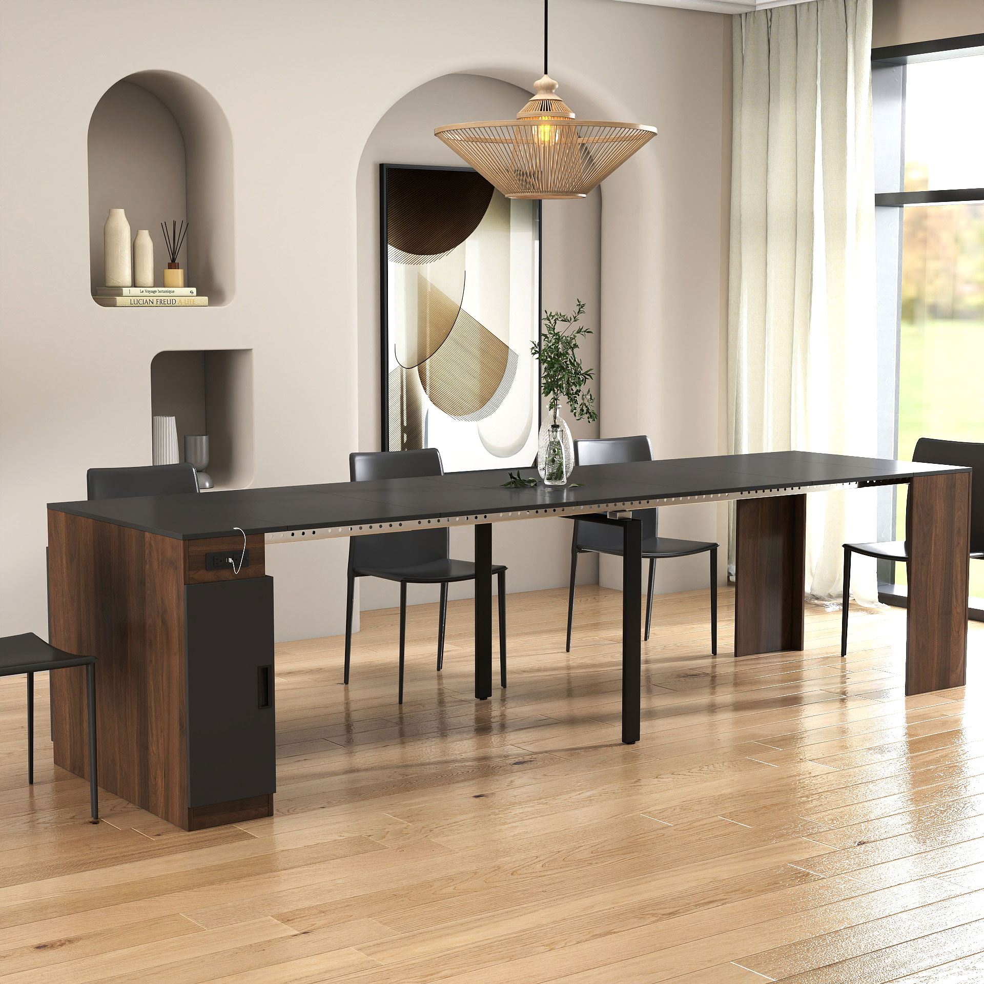 Modern Extendable Dining Table w/ Built-In Outlet & Storage for 2-12 People