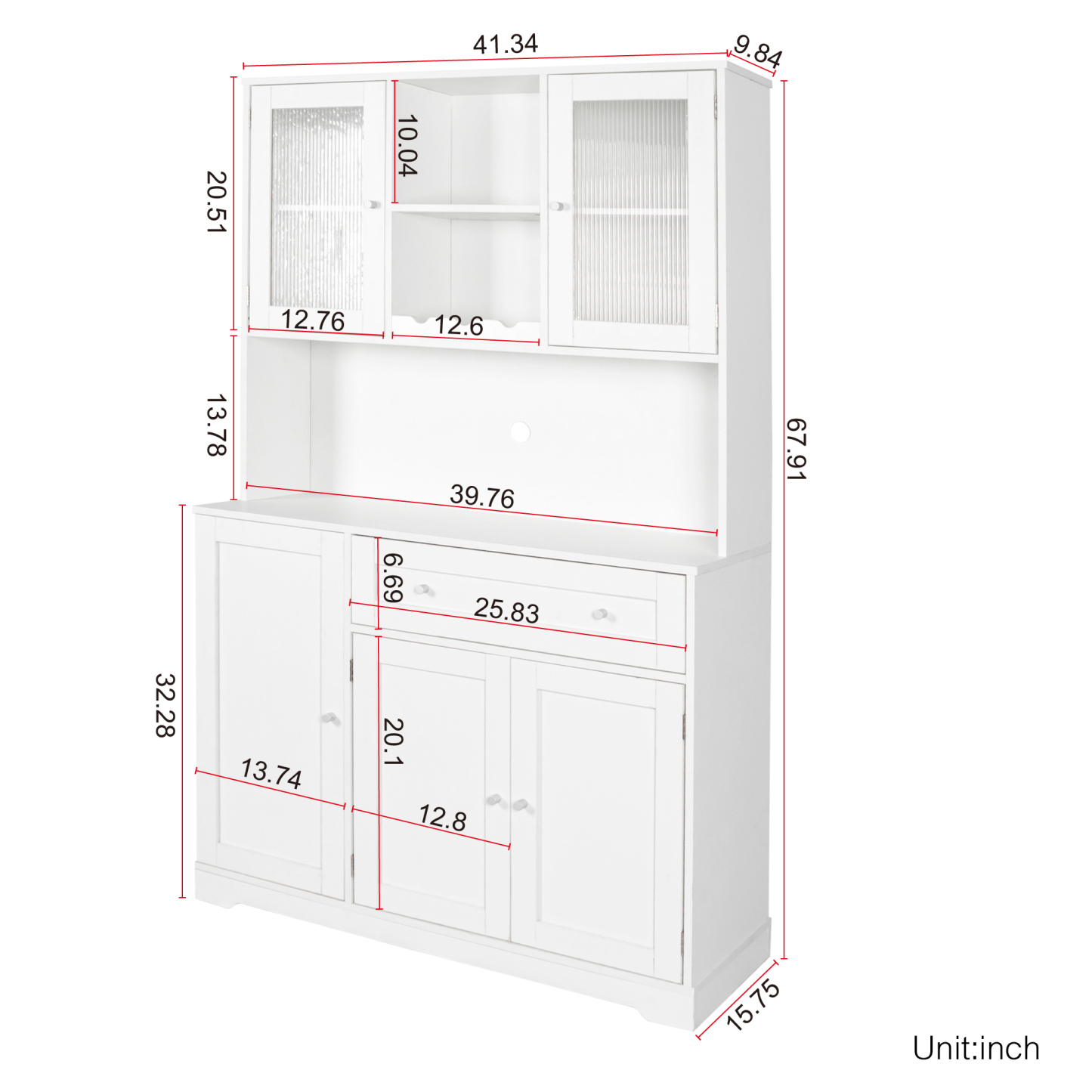 Modern Kitchen Storage Cabinet w/ Hutch, Microwave Shelf & Glass Doors - White