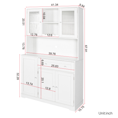 Modern Kitchen Storage Cabinet w/ Hutch, Microwave Shelf & Glass Doors - White