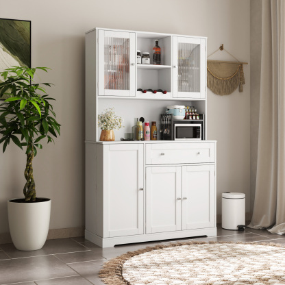 Modern Kitchen Storage Cabinet w/ Hutch, Microwave Shelf & Glass Doors - White