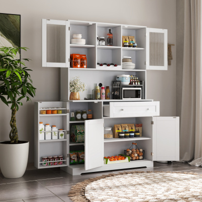 Modern Kitchen Storage Cabinet w/ Hutch, Microwave Shelf & Glass Doors - White