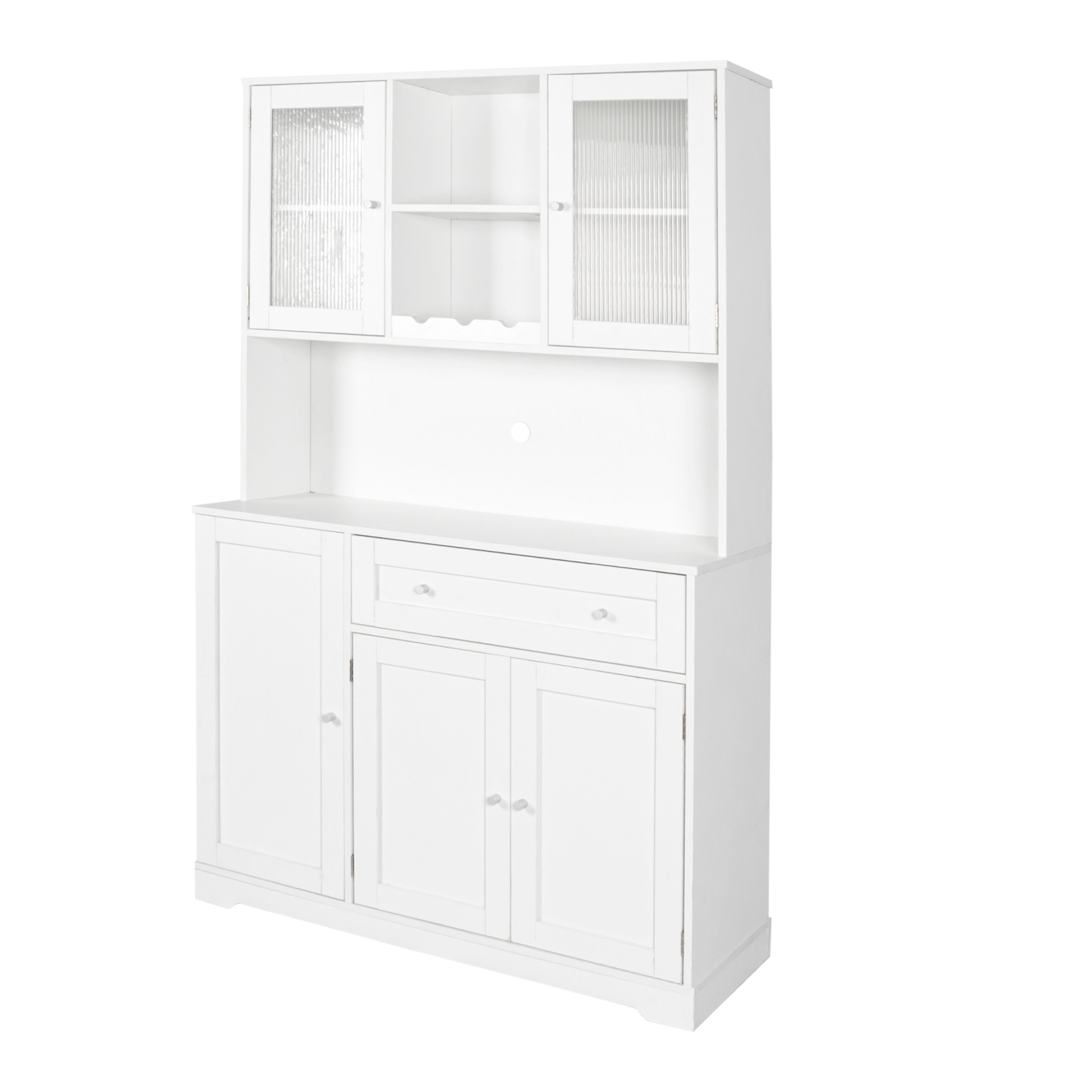 Modern Kitchen Storage Cabinet w/ Hutch, Microwave Shelf & Glass Doors - White