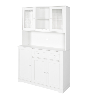 Modern Kitchen Storage Cabinet w/ Hutch, Microwave Shelf & Glass Doors - White