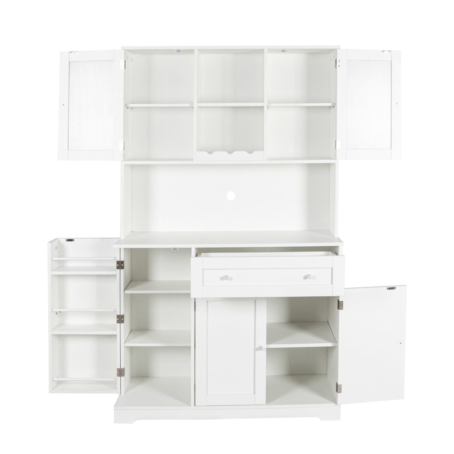 Modern Kitchen Storage Cabinet w/ Hutch, Microwave Shelf & Glass Doors - White