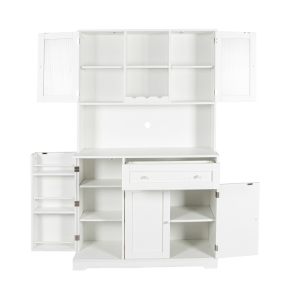 Modern Kitchen Storage Cabinet w/ Hutch, Microwave Shelf & Glass Doors - White