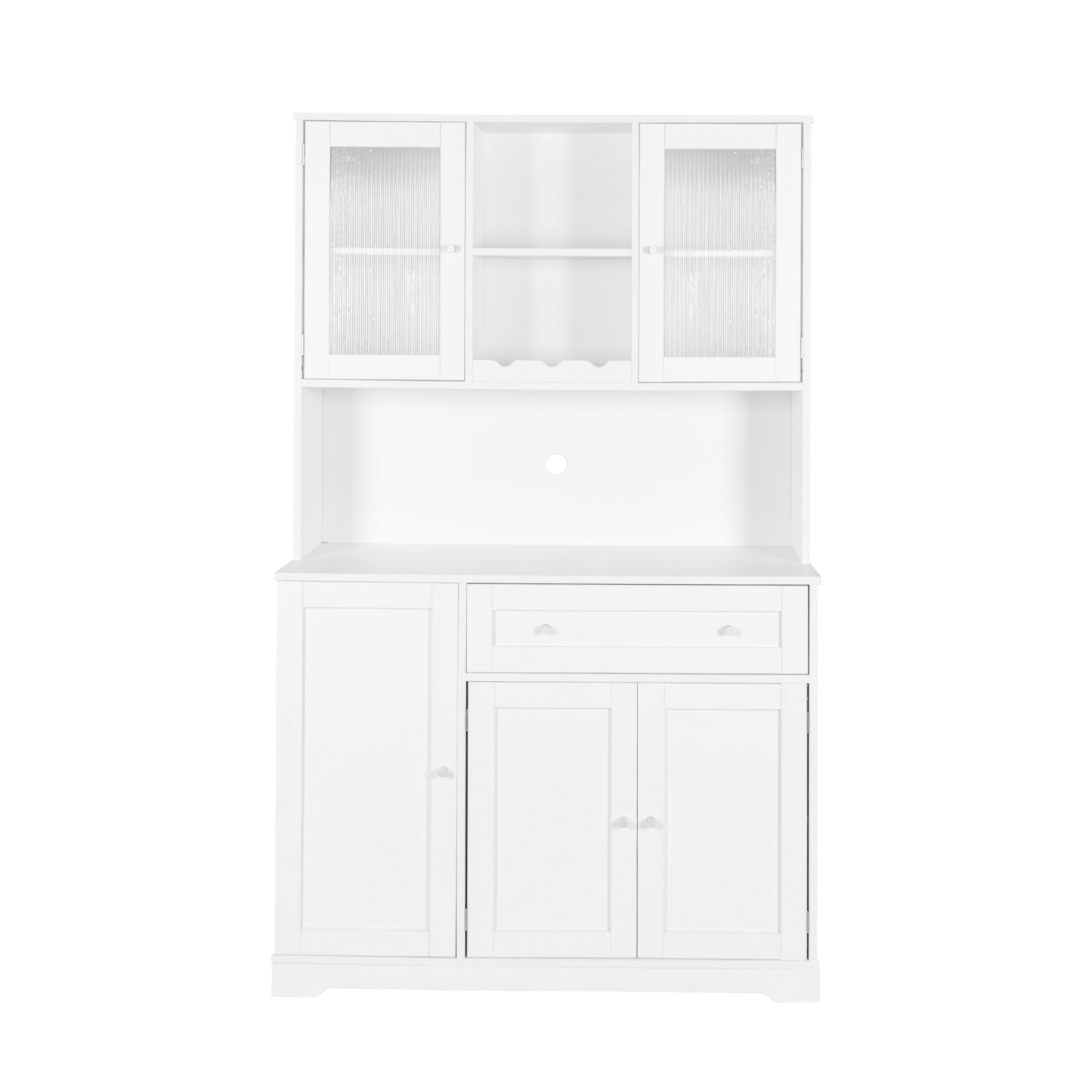 Modern Kitchen Storage Cabinet w/ Hutch, Microwave Shelf & Glass Doors - White