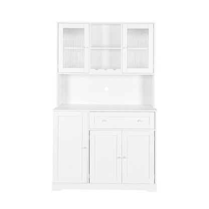 Modern Kitchen Storage Cabinet w/ Hutch, Microwave Shelf & Glass Doors - White