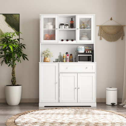 Modern Kitchen Storage Cabinet w/ Hutch, Microwave Shelf & Glass Doors - White