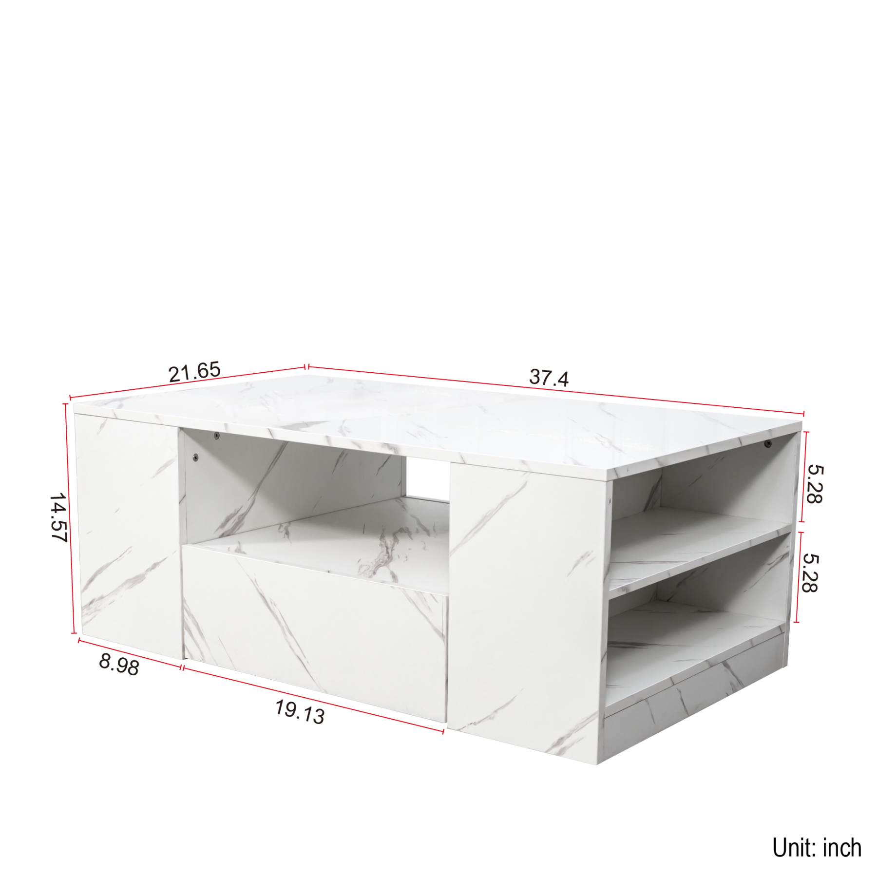 Modern LED Coffee Table w/ 2 Drawers & Open Side Shelves for Living Room
