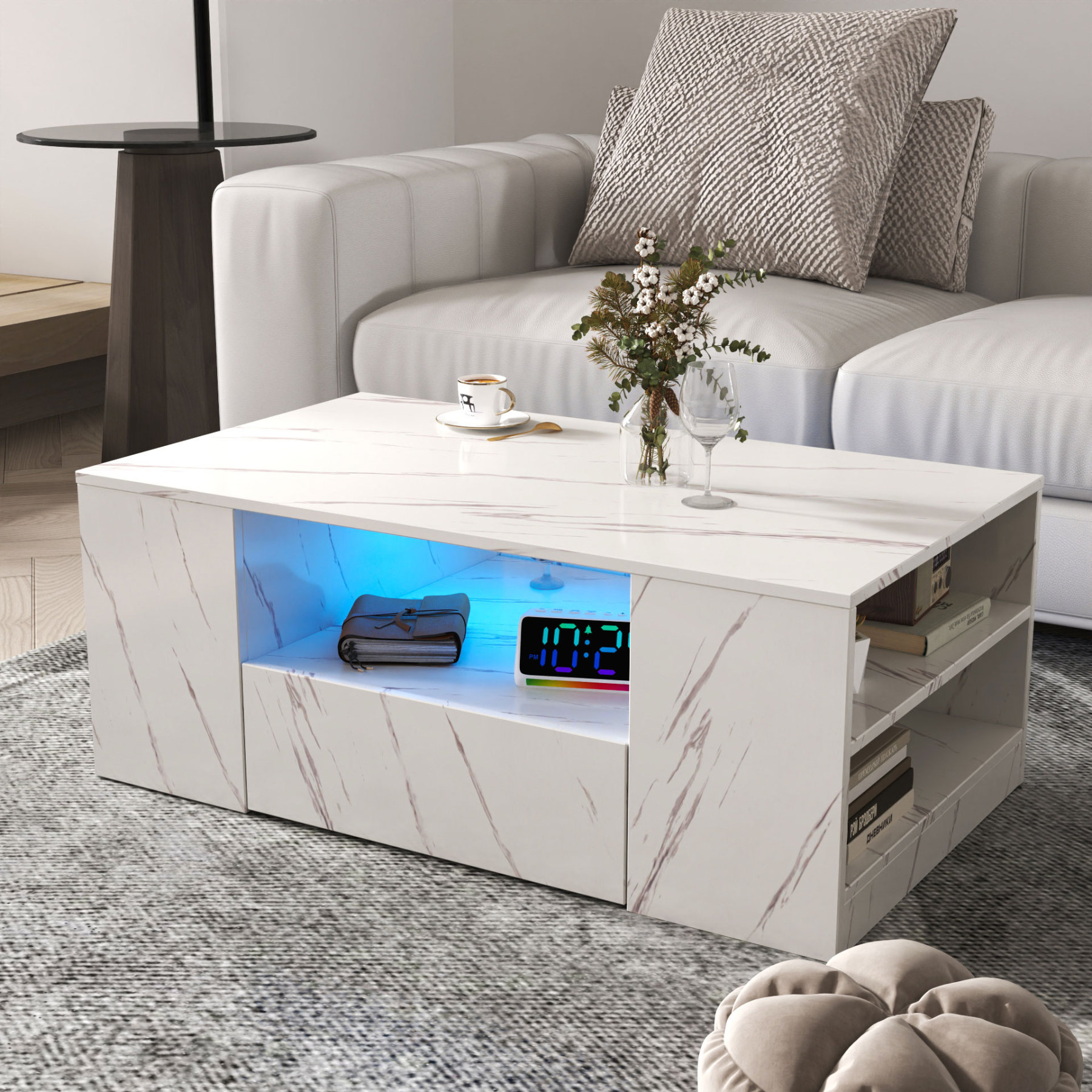 Modern LED Coffee Table w/ 2 Drawers & Open Side Shelves for Living Room
