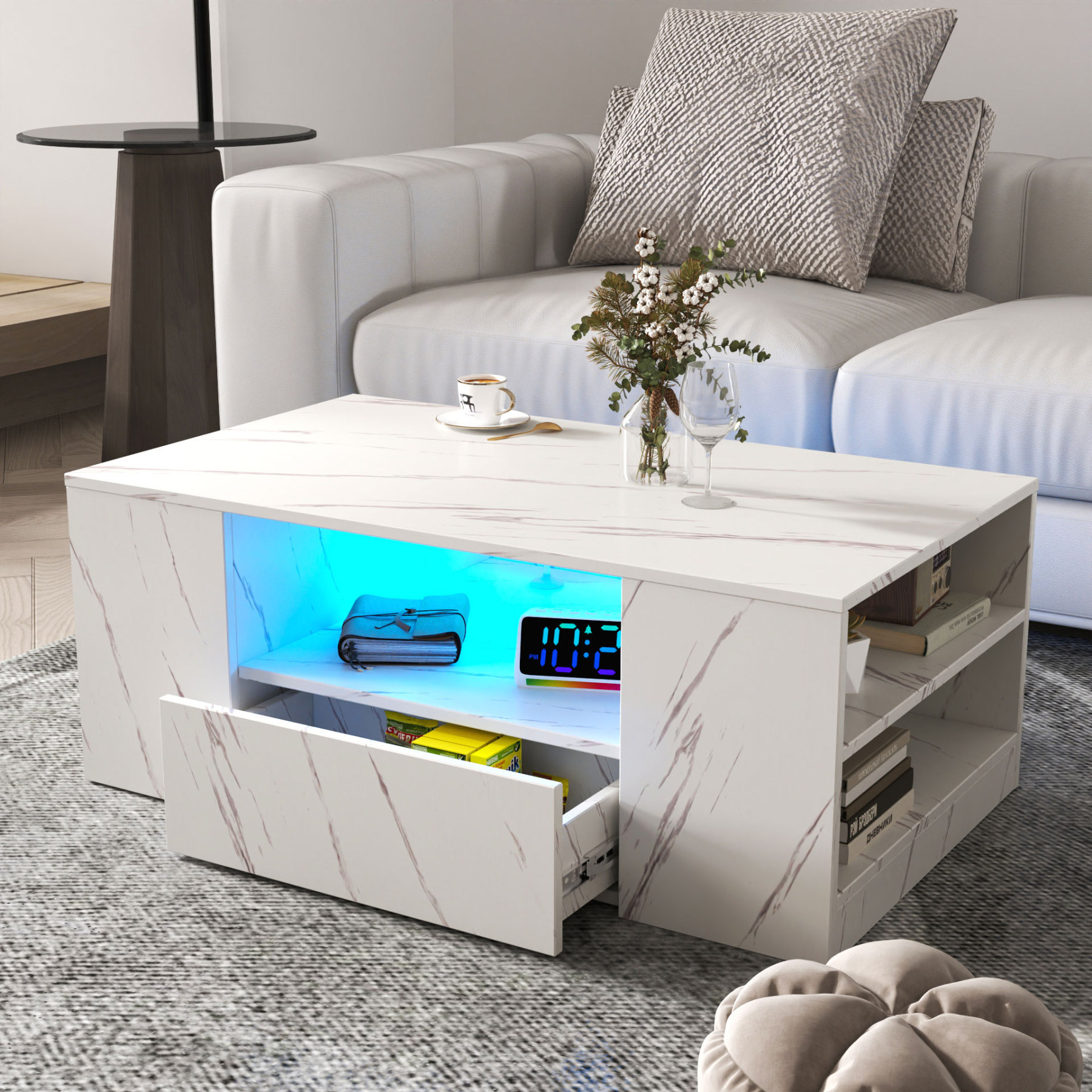 Modern LED Coffee Table w/ 2 Drawers & Open Side Shelves for Living Room