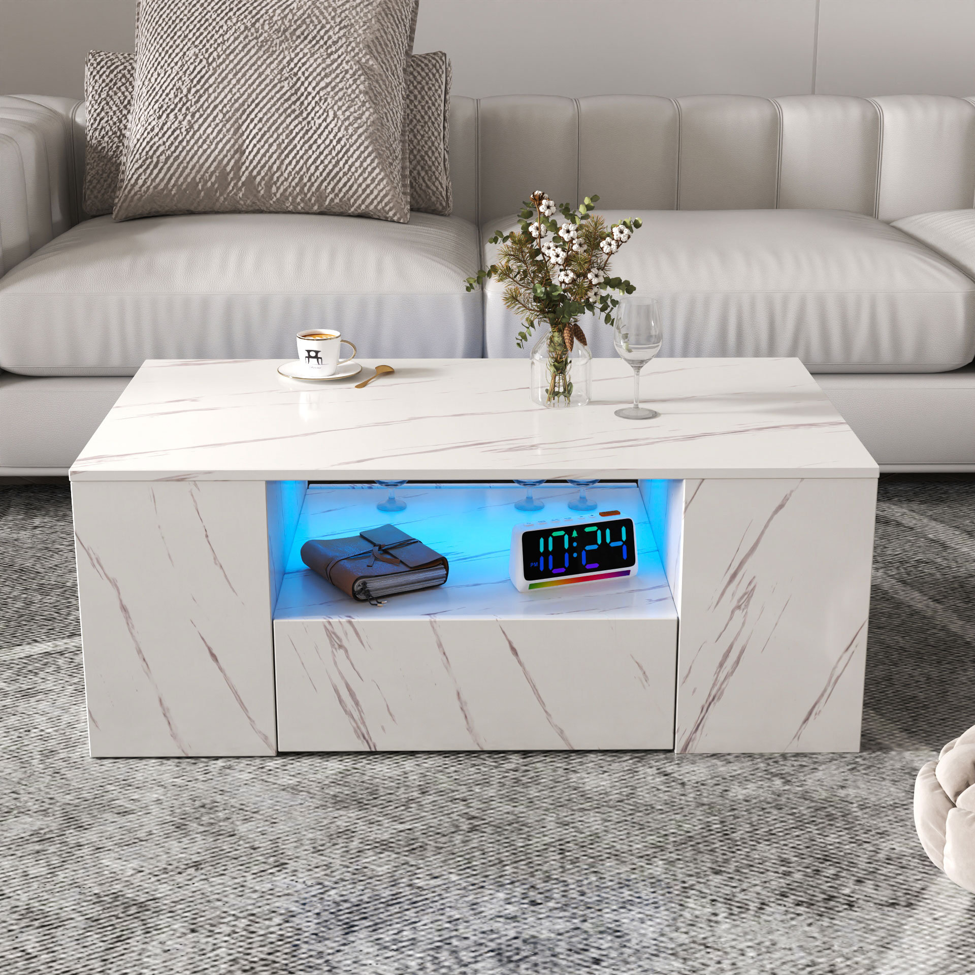 Modern LED Coffee Table w/ 2 Drawers & Open Side Shelves for Living Room
