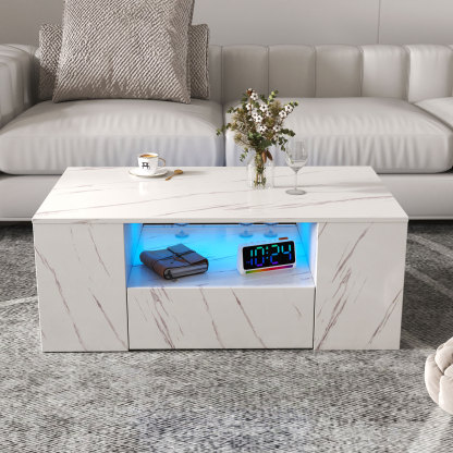Modern LED Coffee Table w/ 2 Drawers & Open Side Shelves for Living Room