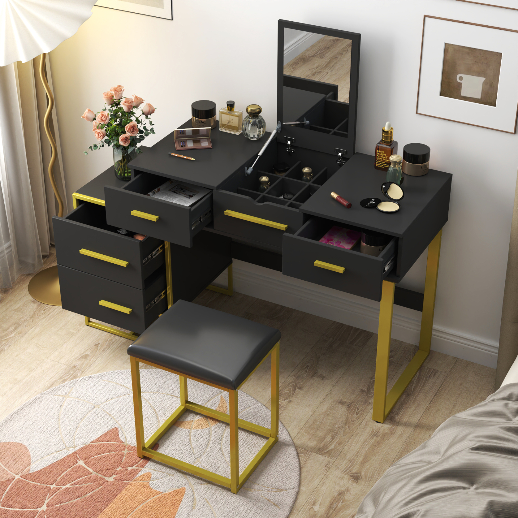 Modern Makeup Vanity Set with Flip-top Mirror, Stool and 4 Drawers