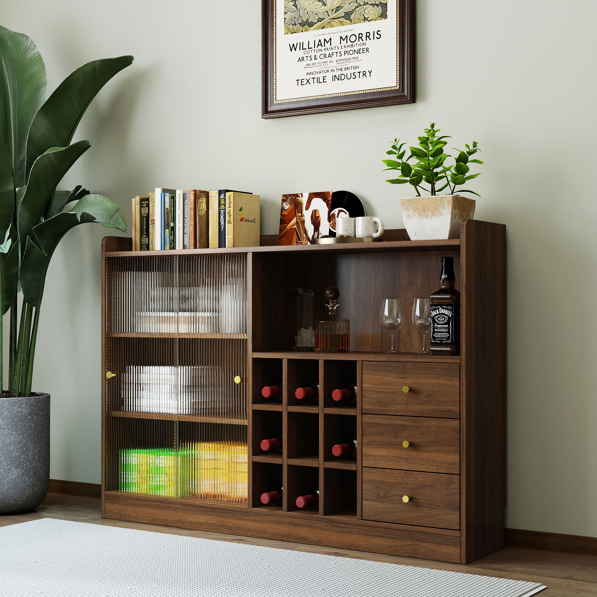 Modern Storage Cabinet w/ 2 Sliding Doors, Wine Rack & 3 Drawers