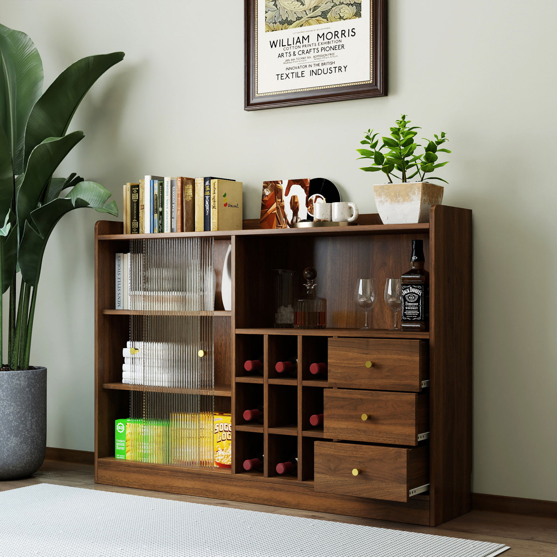 Modern Storage Cabinet w/ 2 Sliding Doors, Wine Rack & 3 Drawers
