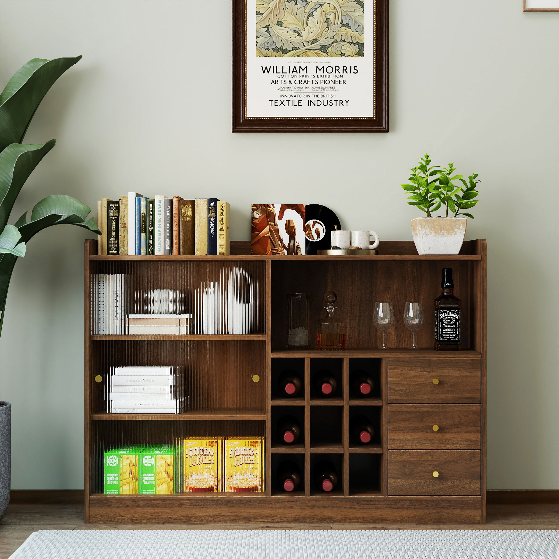 Modern Storage Cabinet w/ 2 Sliding Doors, Wine Rack & 3 Drawers