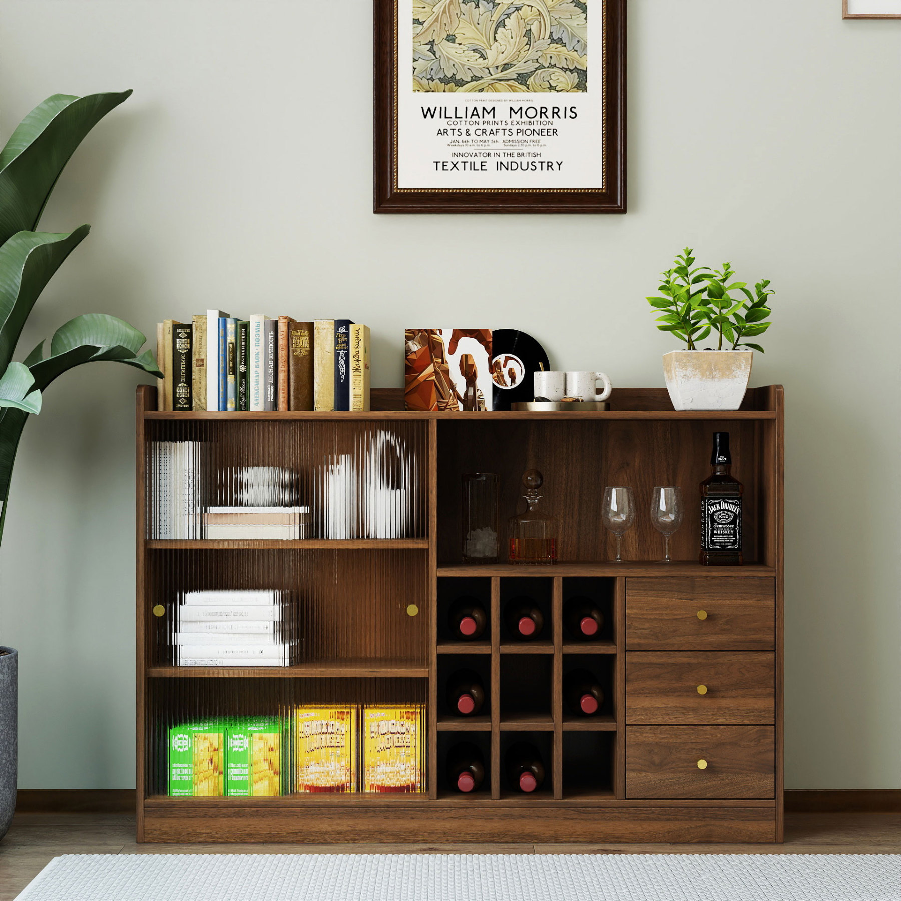 Modern Storage Cabinet w/ 2 Sliding Doors, Wine Rack & 3 Drawers