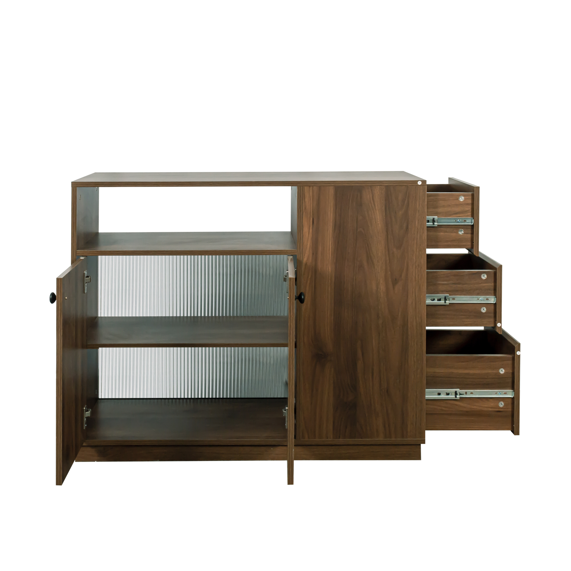 Modern Storage Cabinet w/ Sliding Glass Doors, Drawers & Display Shelf, Walnut
