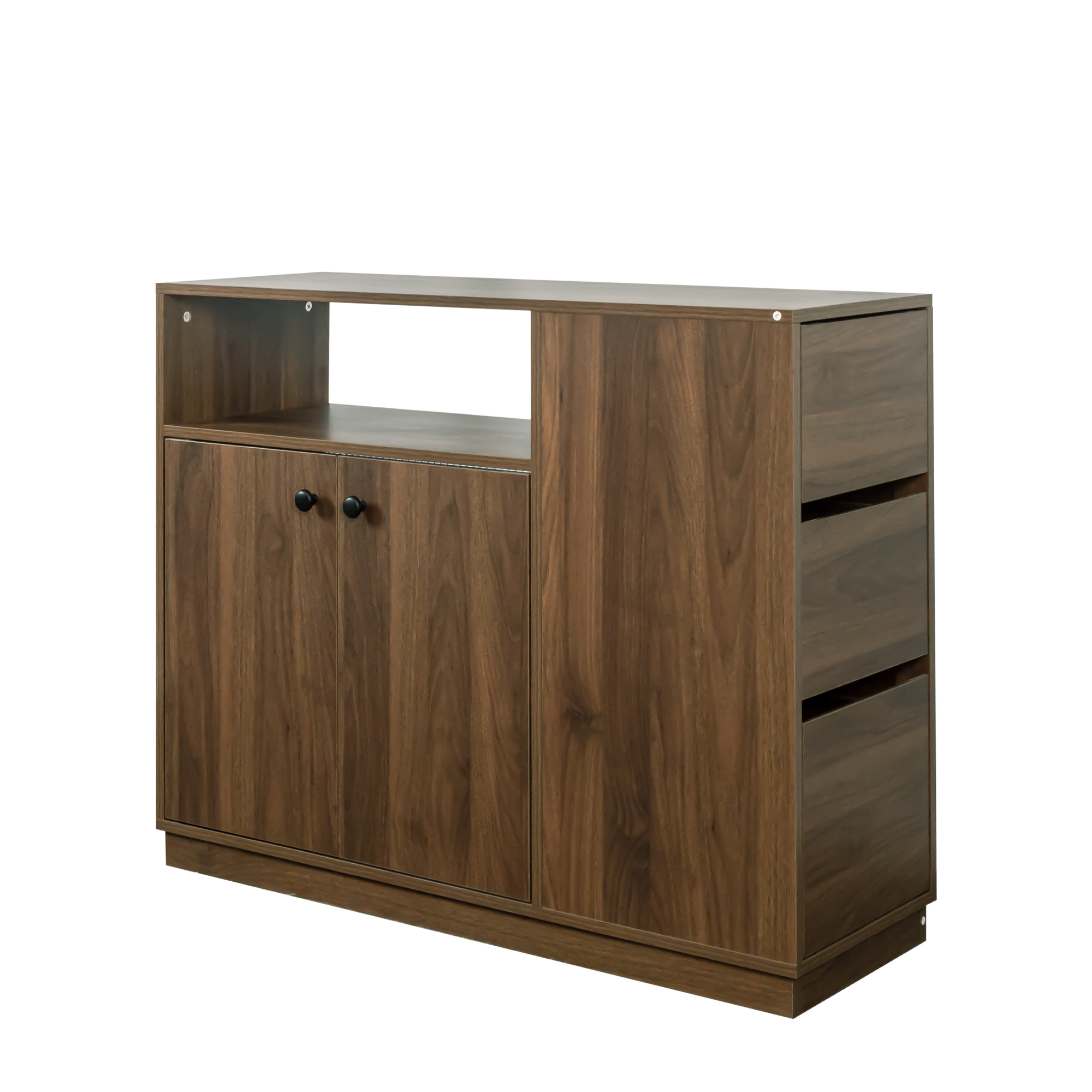 Modern Storage Cabinet w/ Sliding Glass Doors, Drawers & Display Shelf, Walnut
