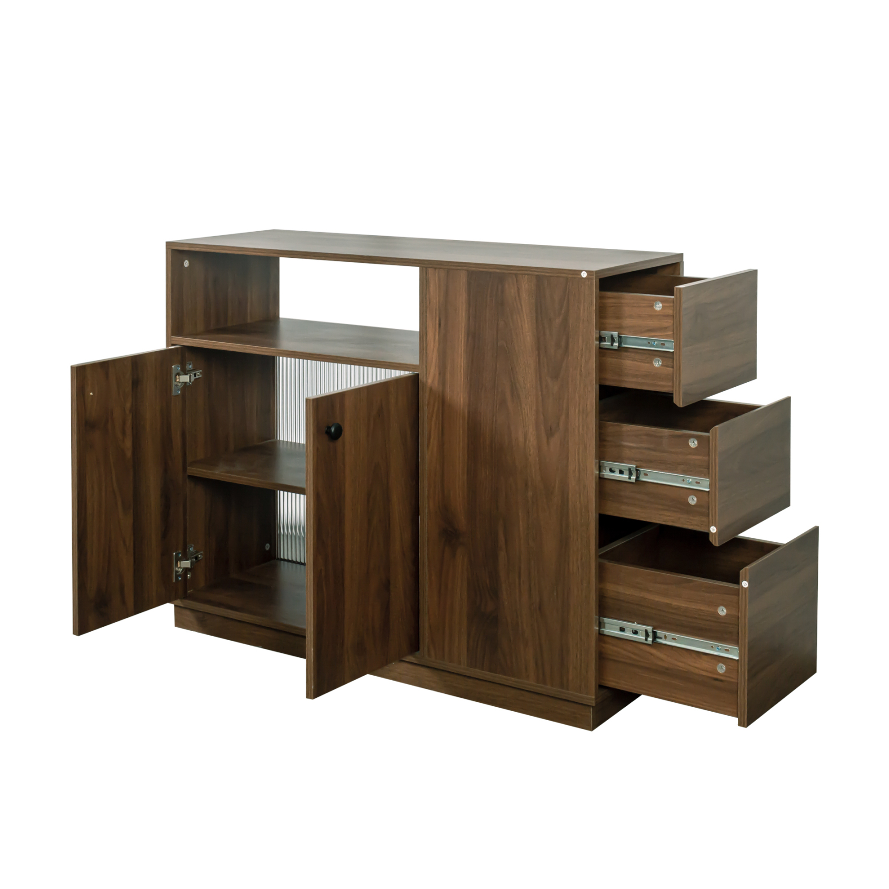 Modern Storage Cabinet w/ Sliding Glass Doors, Drawers & Display Shelf, Walnut