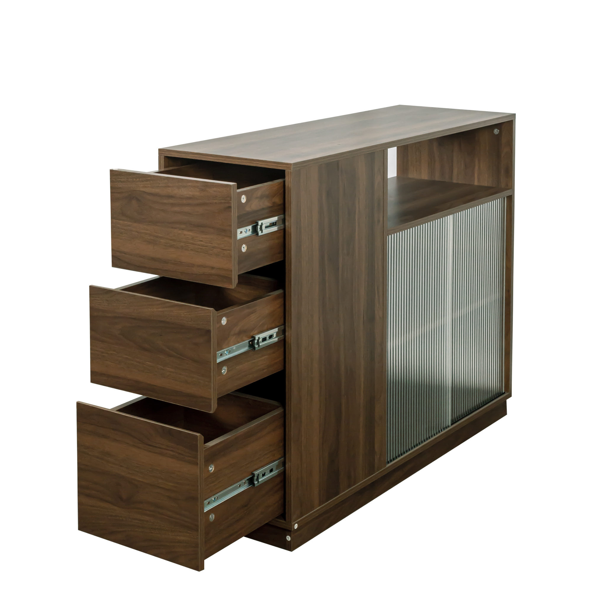 Modern Storage Cabinet w/ Sliding Glass Doors, Drawers & Display Shelf, Walnut