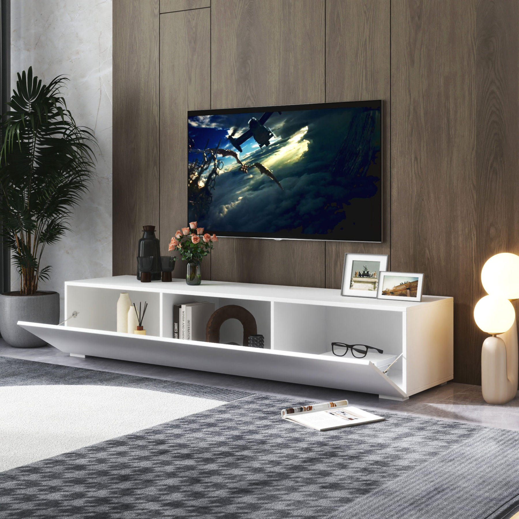 Modern TV Stand for TVs up to 59" with Hidden Storage | White Media Console