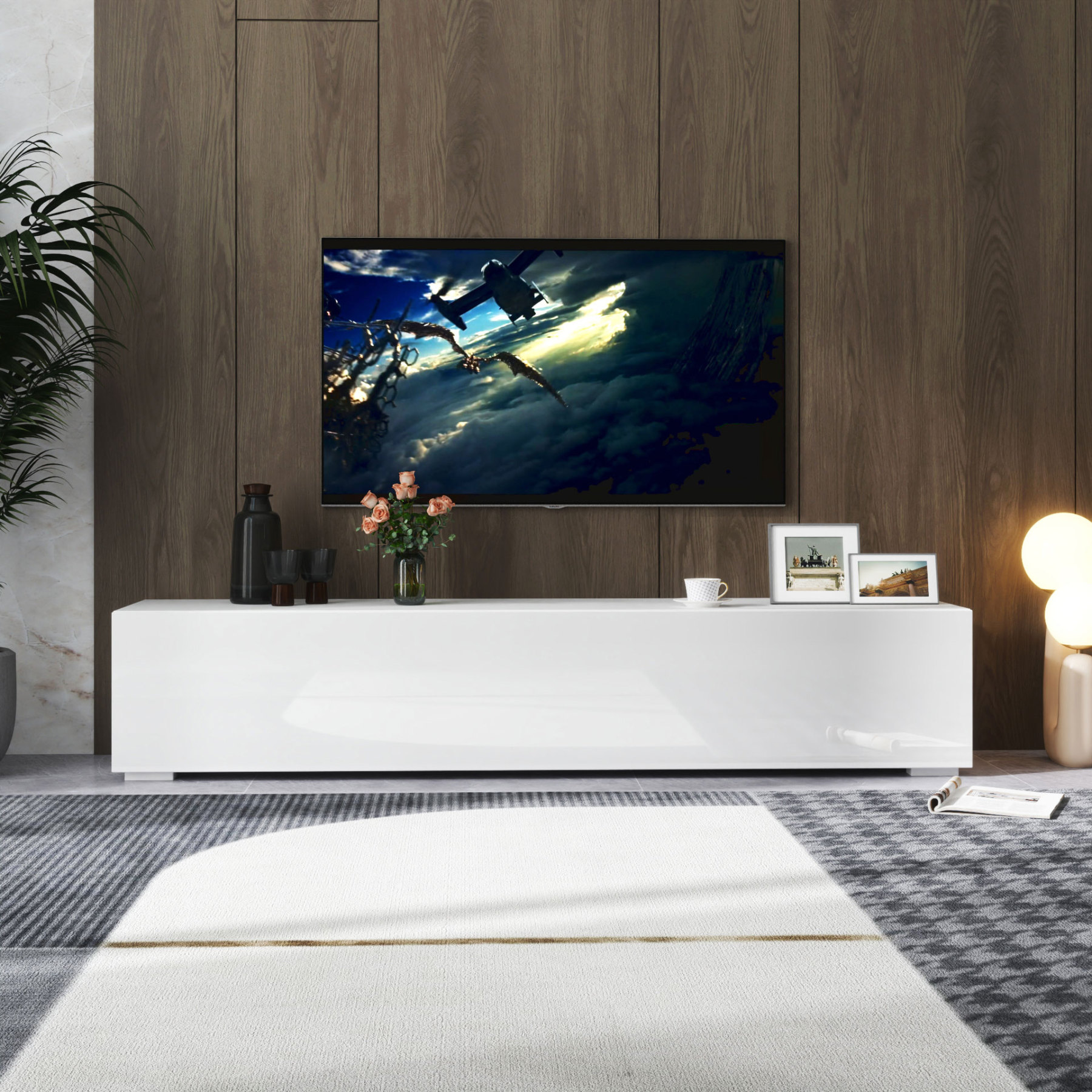 Modern TV Stand for TVs up to 59" with Hidden Storage | White Media Console