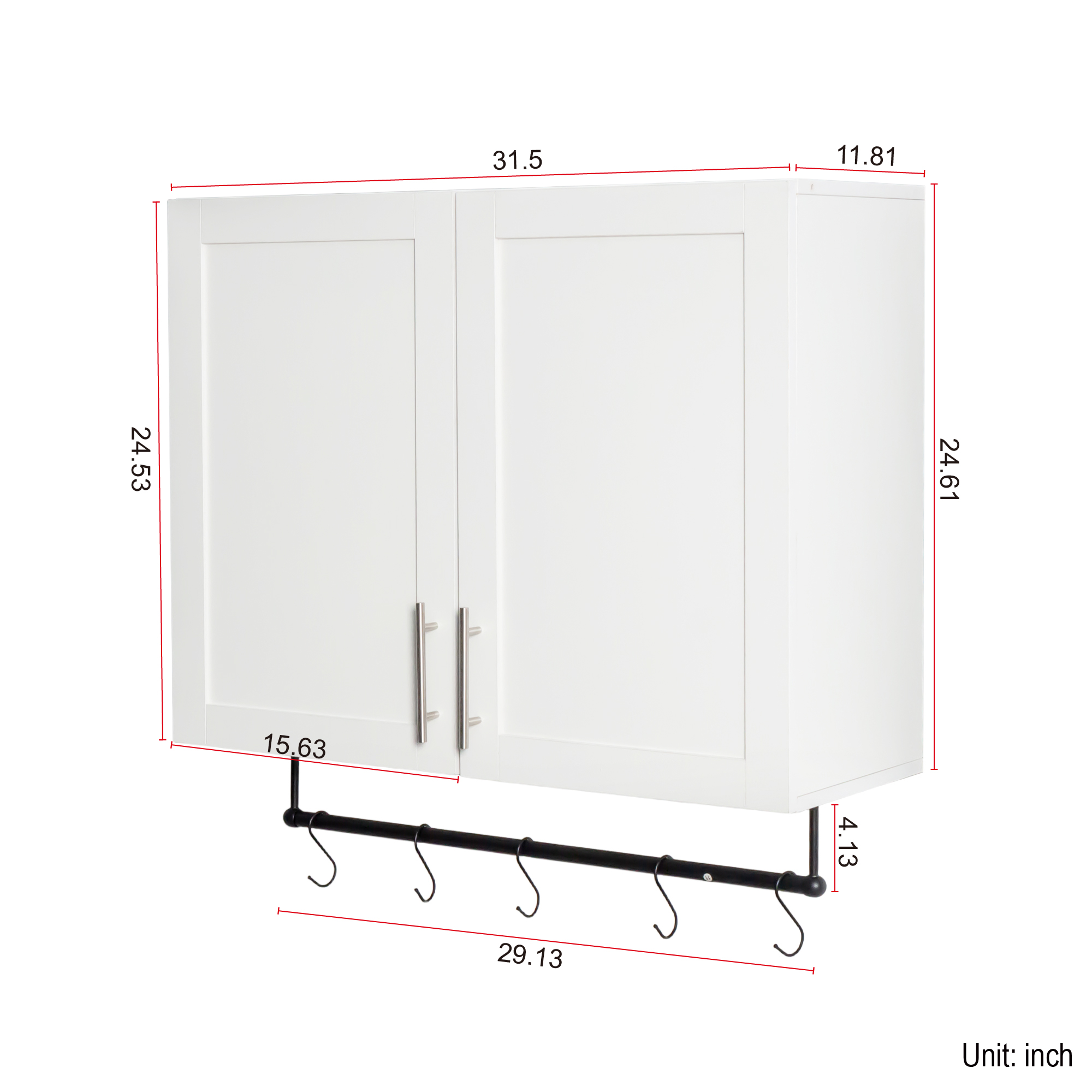 Modern Wall-Mounted Bathroom Cabinet with Hanging Rod, Hooks & Tissue Slot 