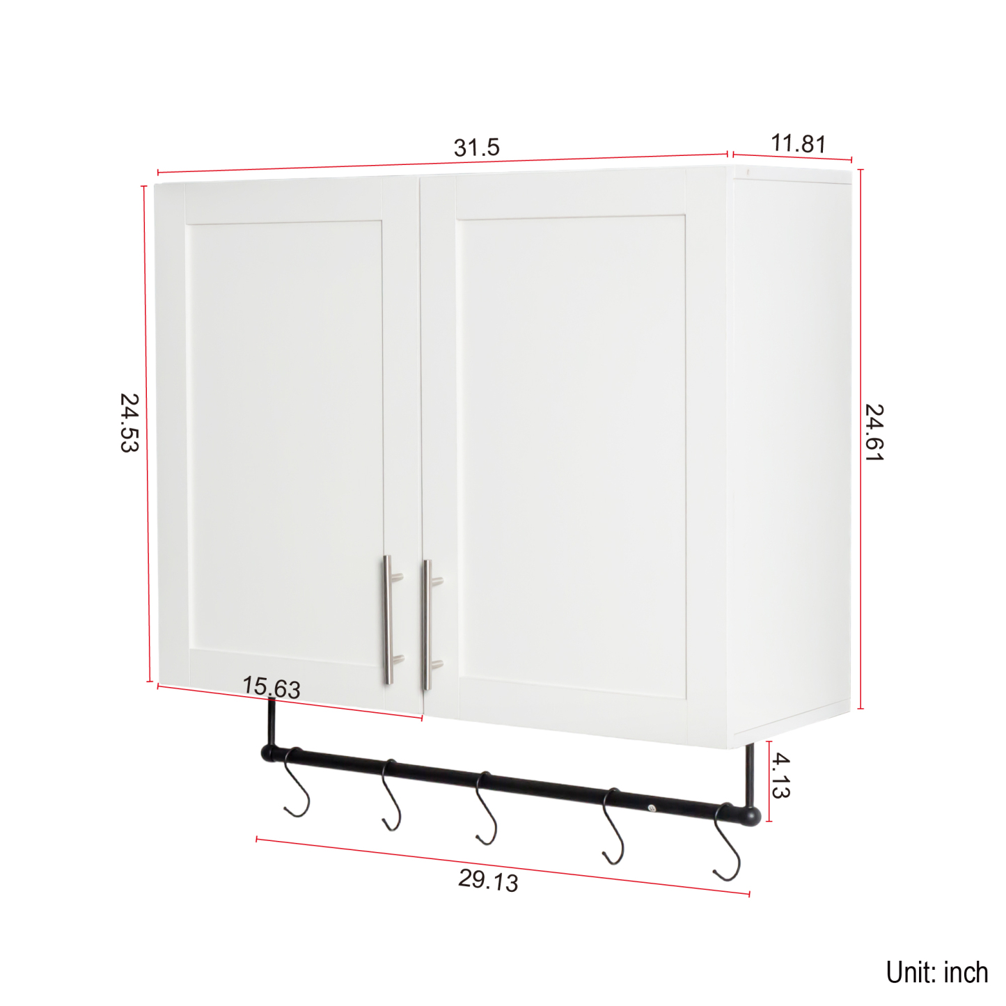 Modern Wall-Mounted Bathroom Cabinet with Hanging Rod, Hooks & Tissue Slot 