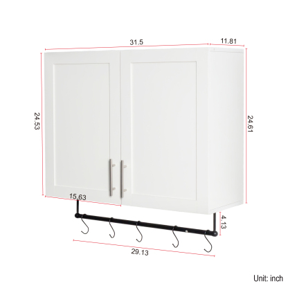 Modern Wall-Mounted Bathroom Cabinet with Hanging Rod, Hooks & Tissue Slot 
