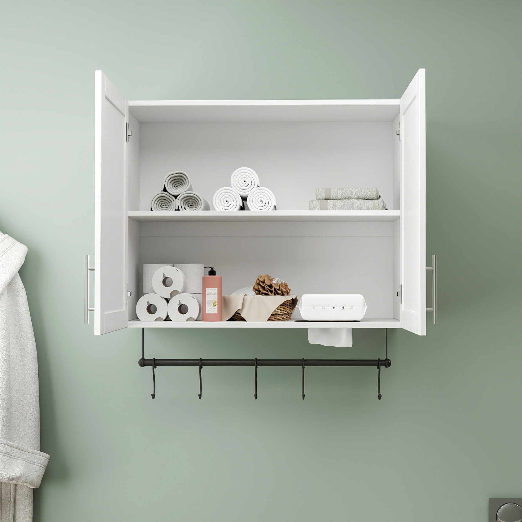 Modern Wall-Mounted Bathroom Cabinet with Hanging Rod, Hooks & Tissue Slot 