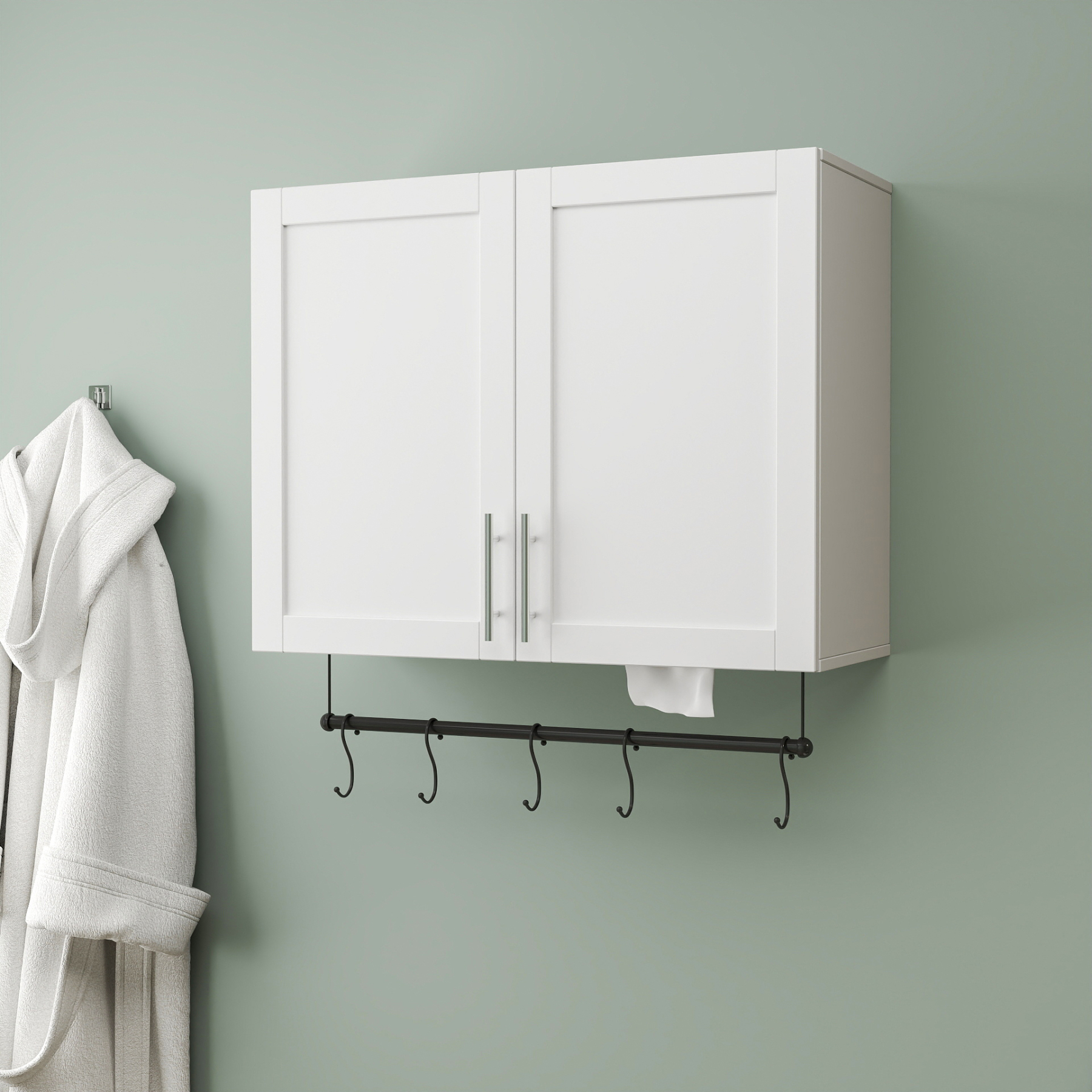 Modern Wall-Mounted Bathroom Cabinet with Hanging Rod, Hooks & Tissue Slot 