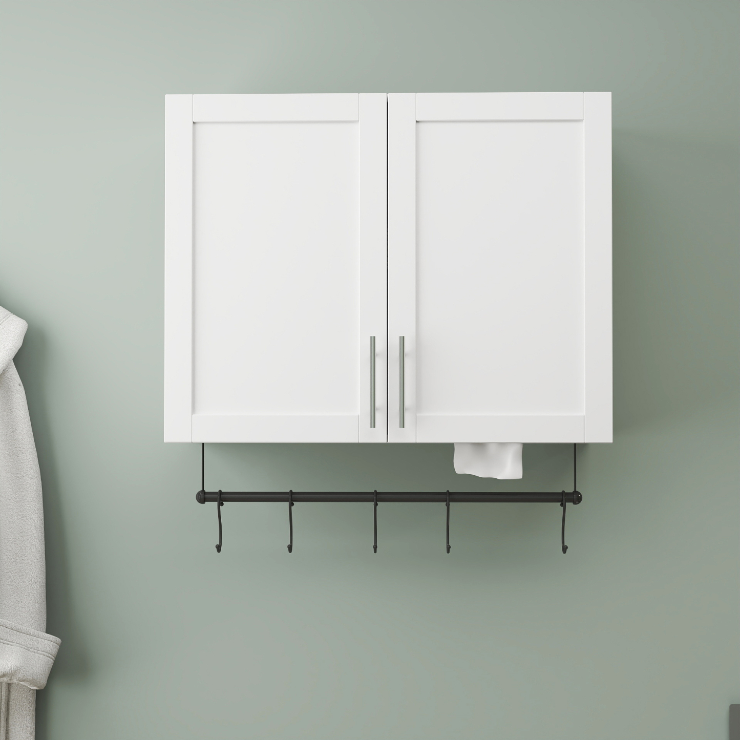 Modern Wall-Mounted Bathroom Cabinet with Hanging Rod, Hooks & Tissue Slot