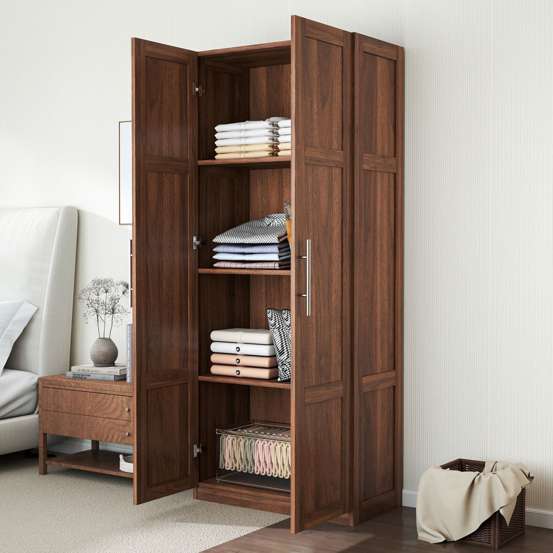 Modern Wardrobe Armoire with 2 Doors & 3 Adjustable Shelves, 71"H x 30" W