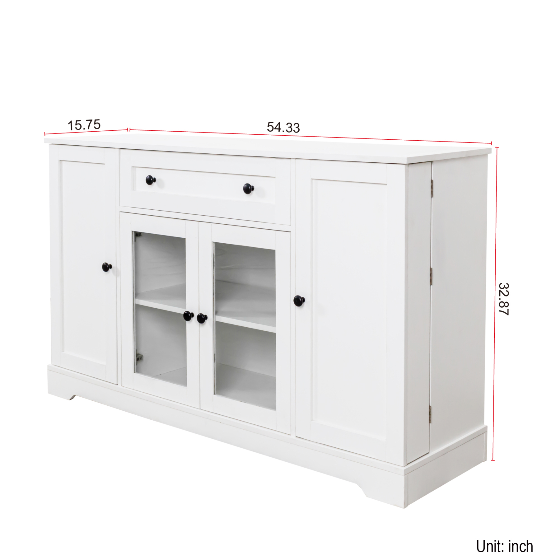 White Buffet Sideboard w/ Glass Doors & Adjustable Shelves for Kitchen, Dining Room, Living Room